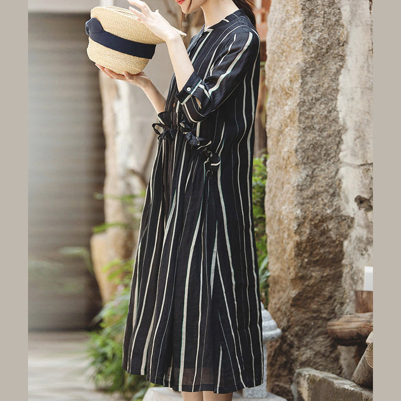 Black Striped Long Linen Dress O Neck Large Hem Linen Clothing Dresses Three Quarter Sleeve Tie Waist Maxi Dresses