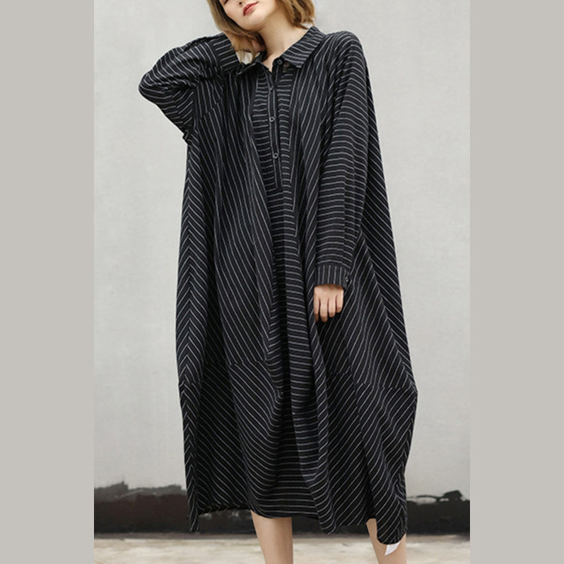 Black Striped Natural Cotton Dress Turn-down Collar Asymmetrical Design Caftans