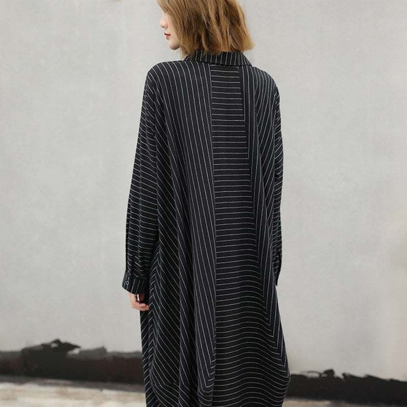 Black Striped Natural Cotton Dress Turn-down Collar Asymmetrical Design Caftans