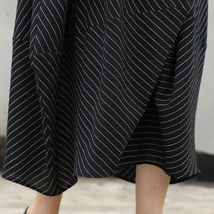 Black Striped Natural Cotton Dress Turn-down Collar Asymmetrical Design Caftans