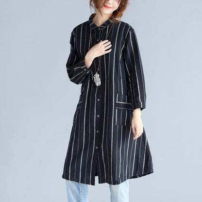 Black Striped Pure Cotton Linen Dress New Long Sleeve Pockets Turn-down Collar Knee Dresses