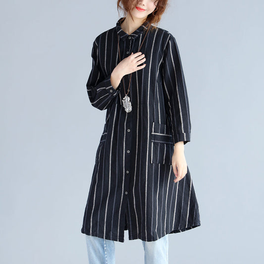 Black Striped Pure Cotton Linen Dress New Long Sleeve Pockets Turn-down Collar Knee Dresses