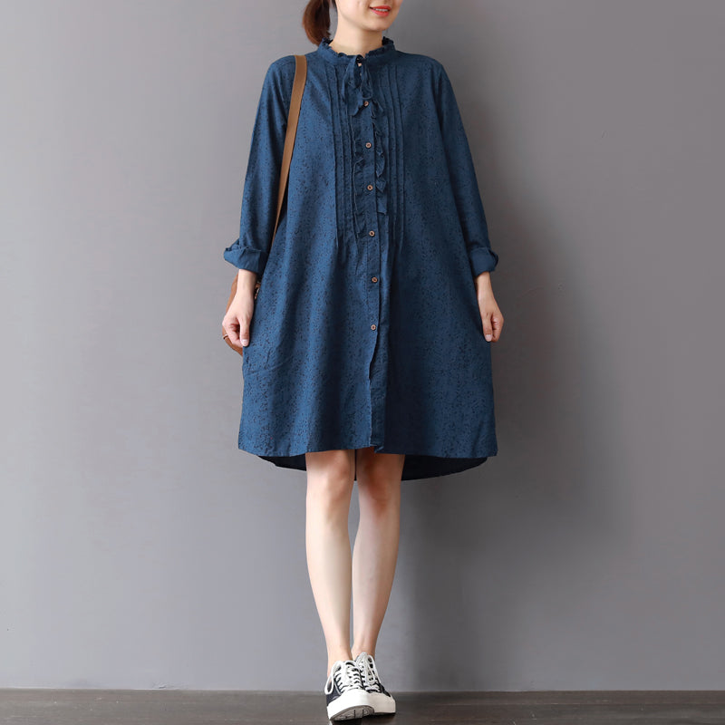 Blue Linen Shift Dresses Loose Fitting Traveling Shirt Dress Ruffles Collar Cotton Clothing