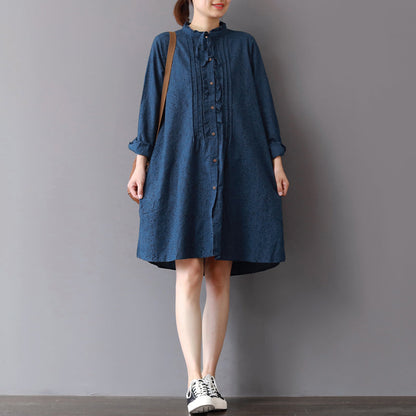 Blue Linen Shift Dresses Loose Fitting Traveling Shirt Dress Ruffles Collar Cotton Clothing