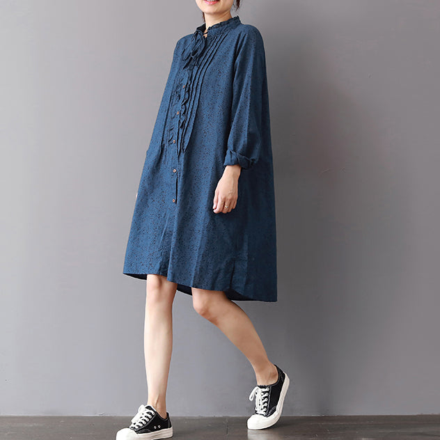 Blue Linen Shift Dresses Loose Fitting Traveling Shirt Dress Ruffles Collar Cotton Clothing