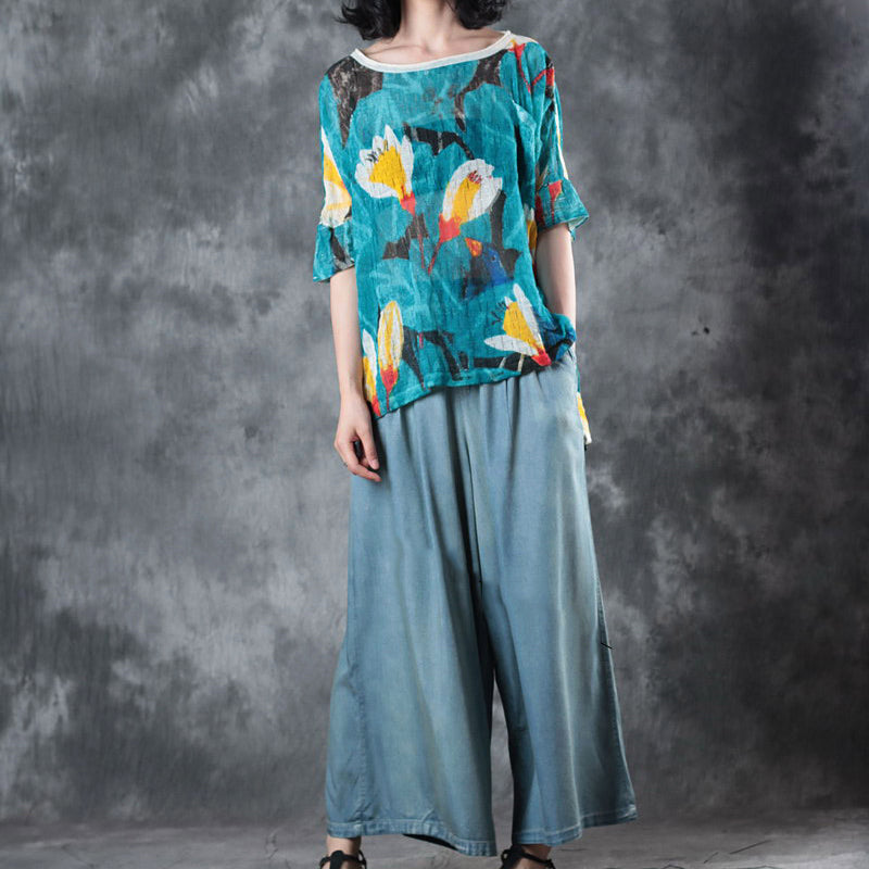 Blue Natural Linen T Shirt Linen T Shirt Half Sleeve O Neck Print Natural Linen Pullover (out of Stock)