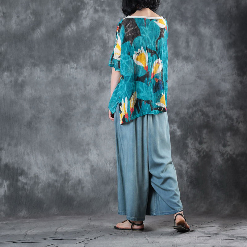 Blue Natural Linen T Shirt Linen T Shirt Half Sleeve O Neck Print Natural Linen Pullover (out of Stock)