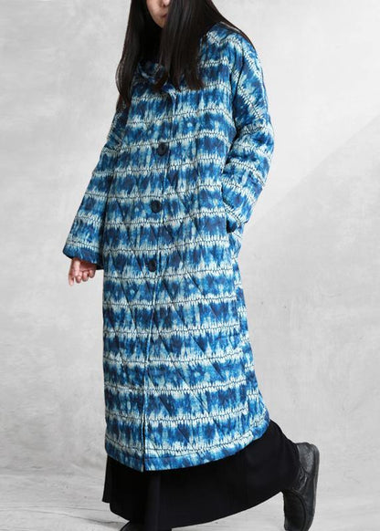 Blue Print Parka Loose Fitting Down Hooded Button Outwear