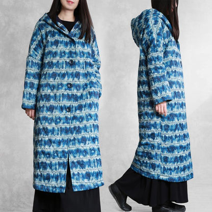 Blue Print Parka Loose Fitting Down Hooded Button Outwear