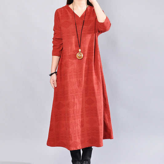 Burgundy Midi-length Linen Dress Oversize Linen Clothing Dresses Back Side Open V Neck Linen Clothing Dress