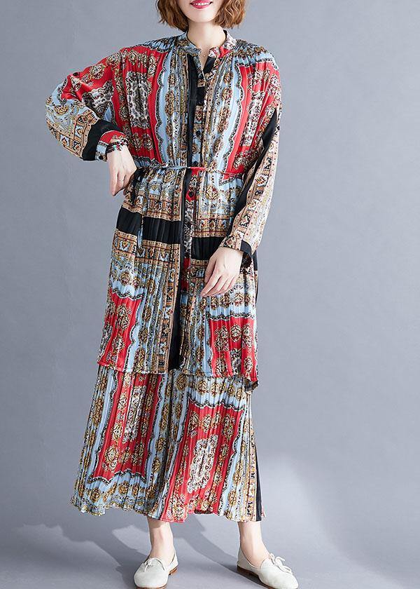 Chiffon Pints Shirt Dresses and Elastic Waist Wide Leg Pants Red Black Prints Two Pieces