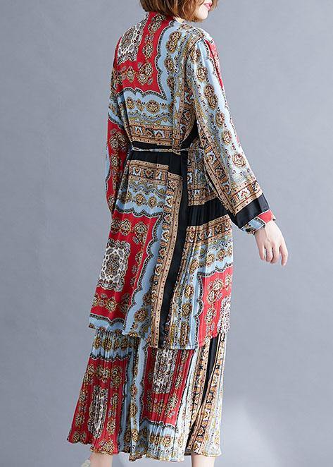 Chiffon Pints Shirt Dresses and Elastic Waist Wide Leg Pants Red Black Prints Two Pieces