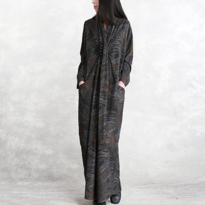 Chocolate Print Fall Dressloose Fitting Pockets Traveling Clothing Boutique Long Sleeve Asymmetrical Design Silk Cotton Blended Caftans