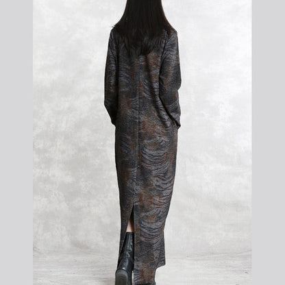 Chocolate Print Fall Dressloose Fitting Pockets Traveling Clothing Boutique Long Sleeve Asymmetrical Design Silk Cotton Blended Caftans