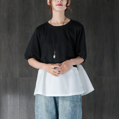 Cotton Summer Top Clothing Short Sleeve Splicing Black and White Cotton Tops