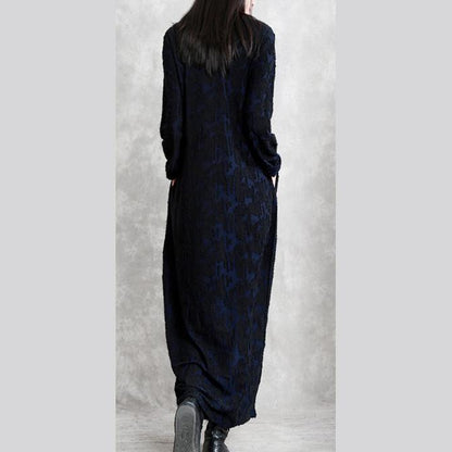 Dark Blue Jacquard Cotton Blended Dresses V Neck Asymmetric Linen Clothing Dress Long Sleeve Baggy Dresses