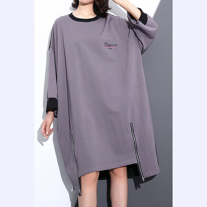 Gray Midi-length Cotton Dress Clothing Autumn Dress Zippered Baggy O Neck Cotton Dresses
