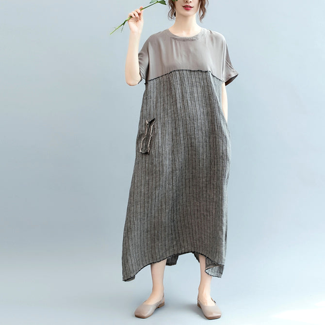 Gray Natural Linen Dress Oversize O Neck Patchwork Linen Clothing Dresses Short Sleeve Baggy Dresses