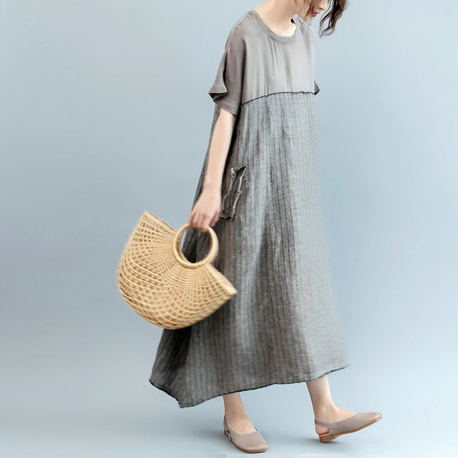 Gray Natural Linen Dress Oversize O Neck Patchwork Linen Clothing Dresses Short Sleeve Baggy Dresses