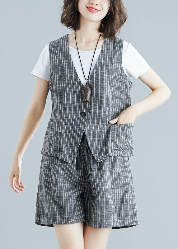 Gray Striped Two Pieces Sleeveless Tops and Shorts
