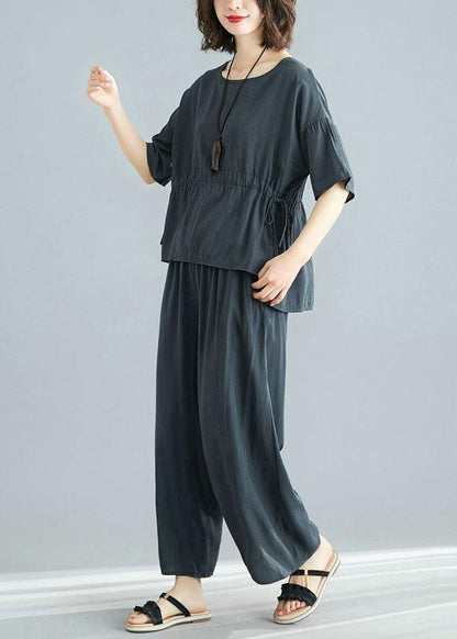 Gray Two Pieces Drawstring Short Sleeve Tops and Elastic Waist Pants