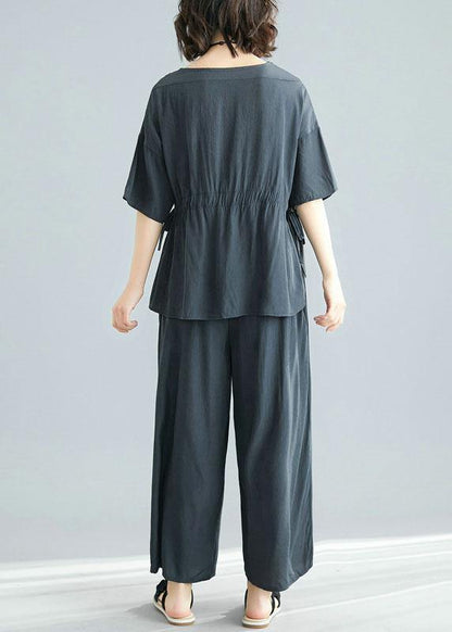 Gray Two Pieces Drawstring Short Sleeve Tops and Elastic Waist Pants