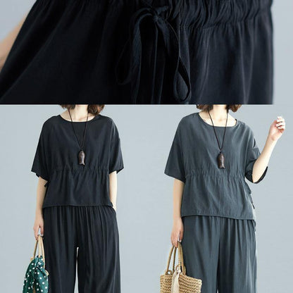 Gray Two Pieces Drawstring Short Sleeve Tops and Elastic Waist Pants