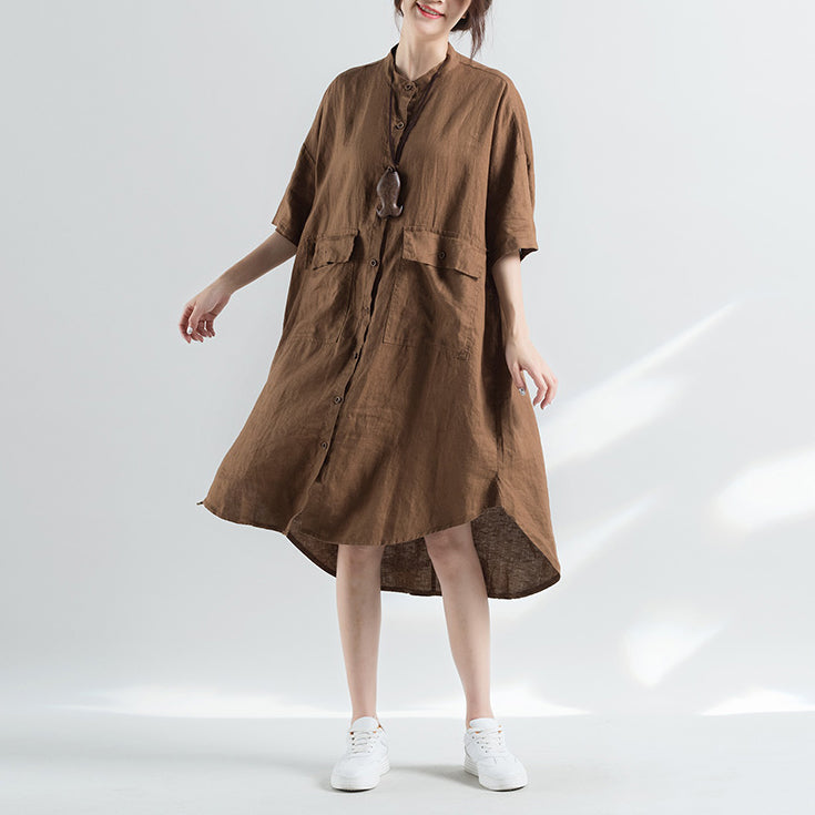 Khaki Cotton Dresses Cotton Dress Half Sleeve Stand Cotton Dress