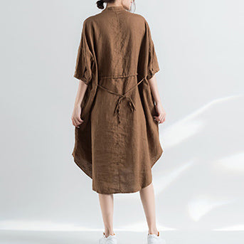 Khaki Cotton Dresses Cotton Dress Half Sleeve Stand Cotton Dress