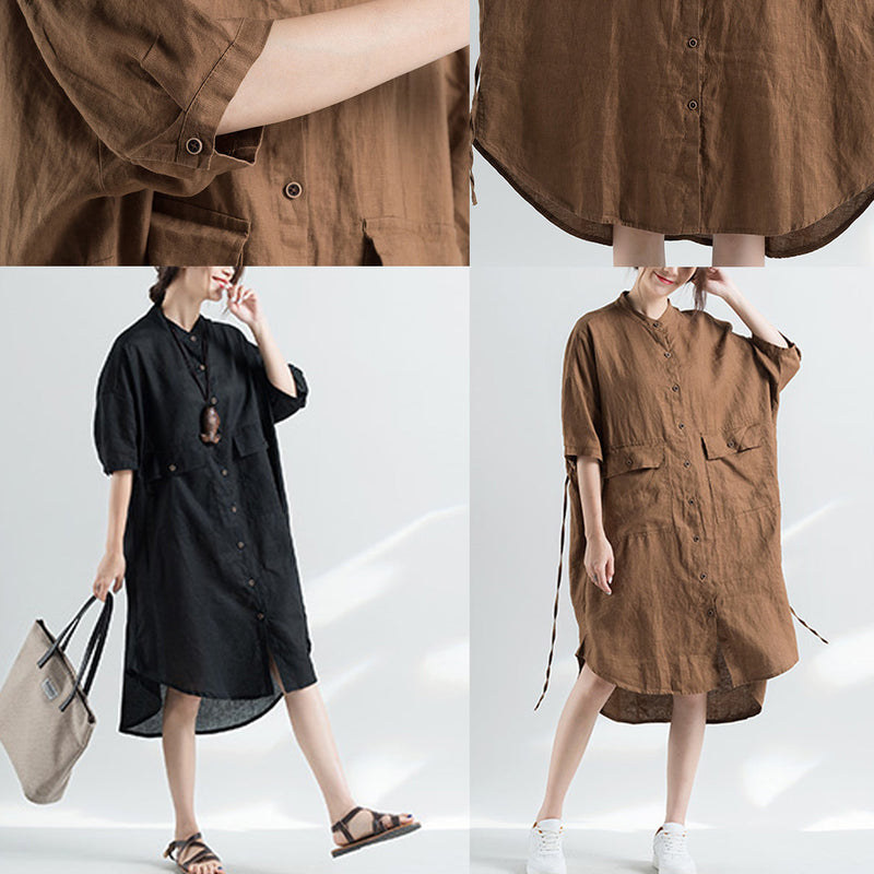 Khaki Cotton Dresses Cotton Dress Half Sleeve Stand Cotton Dress