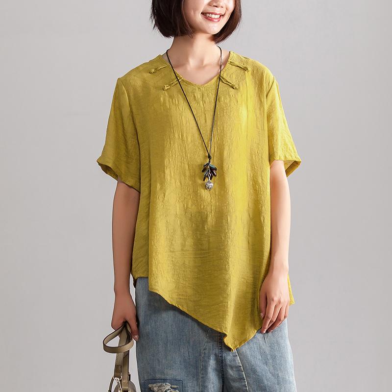 Linen Blended Blouse Oversize Irregular Hem Summer Short Sleeve Loose Yellow Blouse