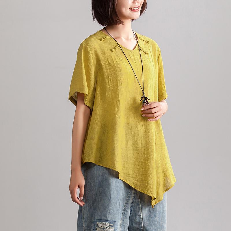 Linen Blended Blouse Oversize Irregular Hem Summer Short Sleeve Loose Yellow Blouse