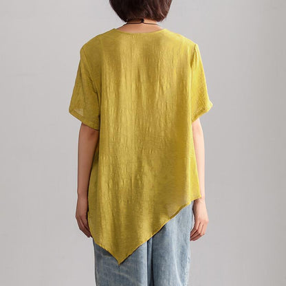 Linen Blended Blouse Oversize Irregular Hem Summer Short Sleeve Loose Yellow Blouse