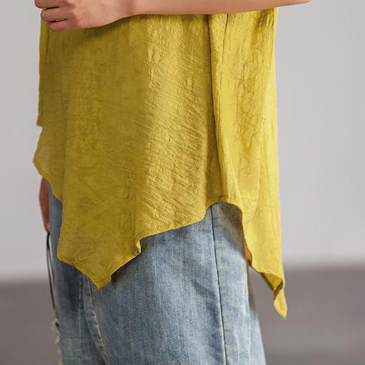 Linen Blended Blouse Oversize Irregular Hem Summer Short Sleeve Loose Yellow Blouse
