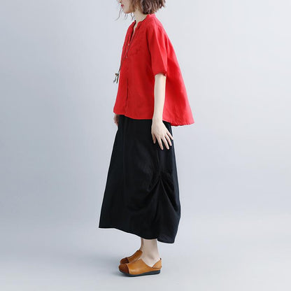 Linen Blouse Oversize Retro Short Sleeve Embroidery High-low Hem Red Tops