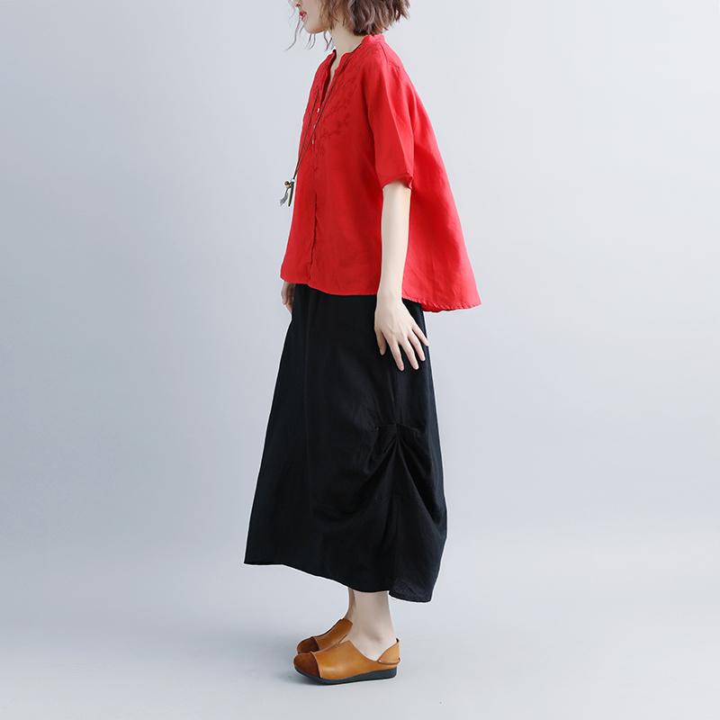 Linen Blouse Oversize Retro Short Sleeve Embroidery High-low Hem Red Tops