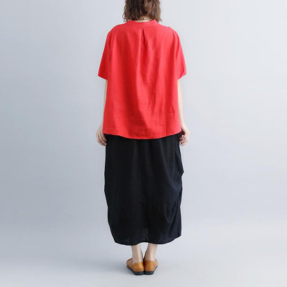 Linen Blouse Oversize Retro Short Sleeve Embroidery High-low Hem Red Tops