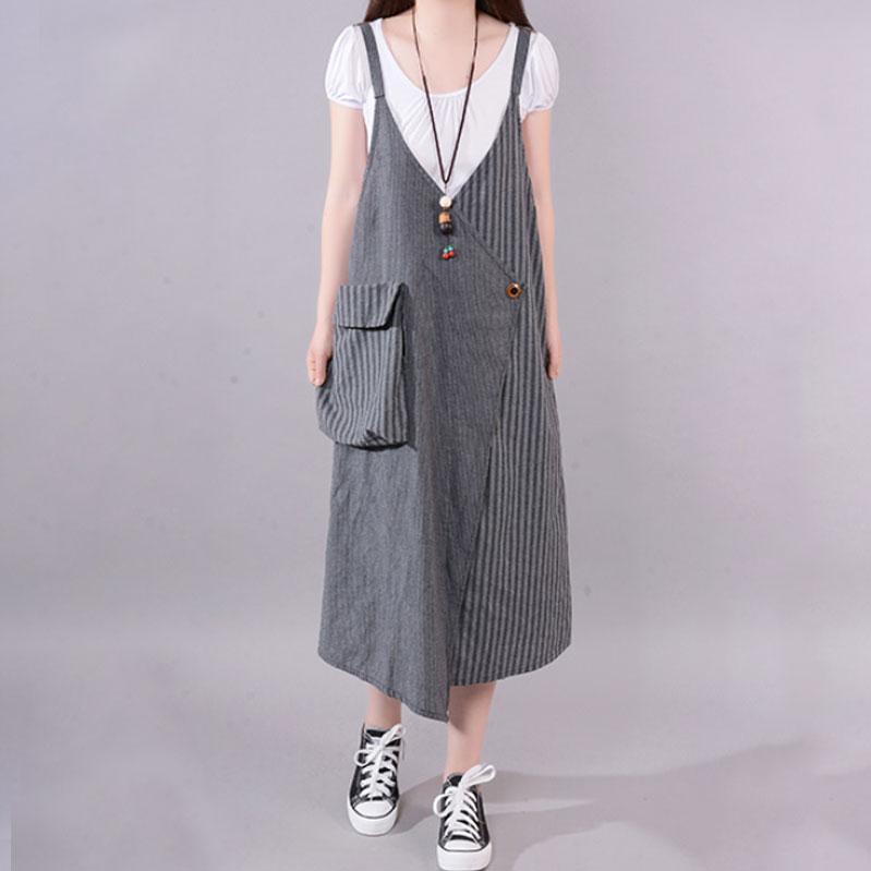 Long Cotton Blended Dress Loose Fitting Summer Stripe Big Pocket Loose Suspender Gray Dress