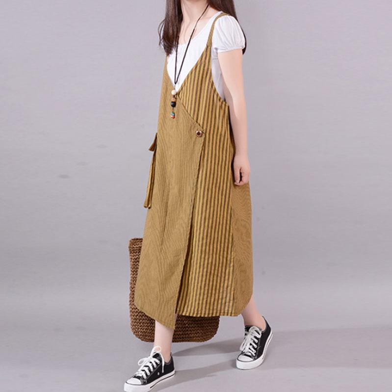 Long Cotton Blended Dress Loose Fitting Summer Stripe Big Pocket Loose Suspender Gray Dress