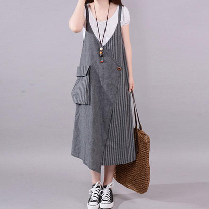 Long Cotton Blended Dress Loose Fitting Summer Stripe Big Pocket Loose Suspender Gray Dress