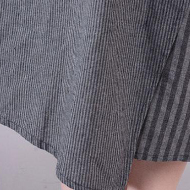 Long Cotton Blended Dress Loose Fitting Summer Stripe Big Pocket Loose Suspender Gray Dress