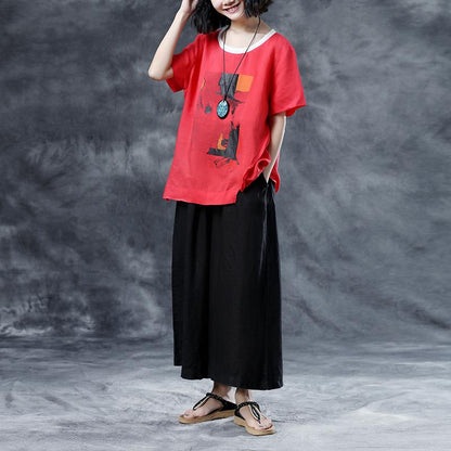 Natural Cotton Linen T Shirt Oversize Summer Short Sleeve Loose Red Shirts