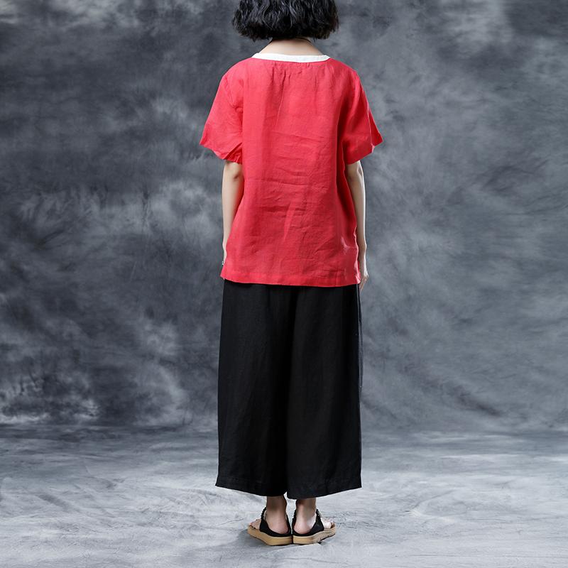 Natural Cotton Linen T Shirt Oversize Summer Short Sleeve Loose Red Shirts