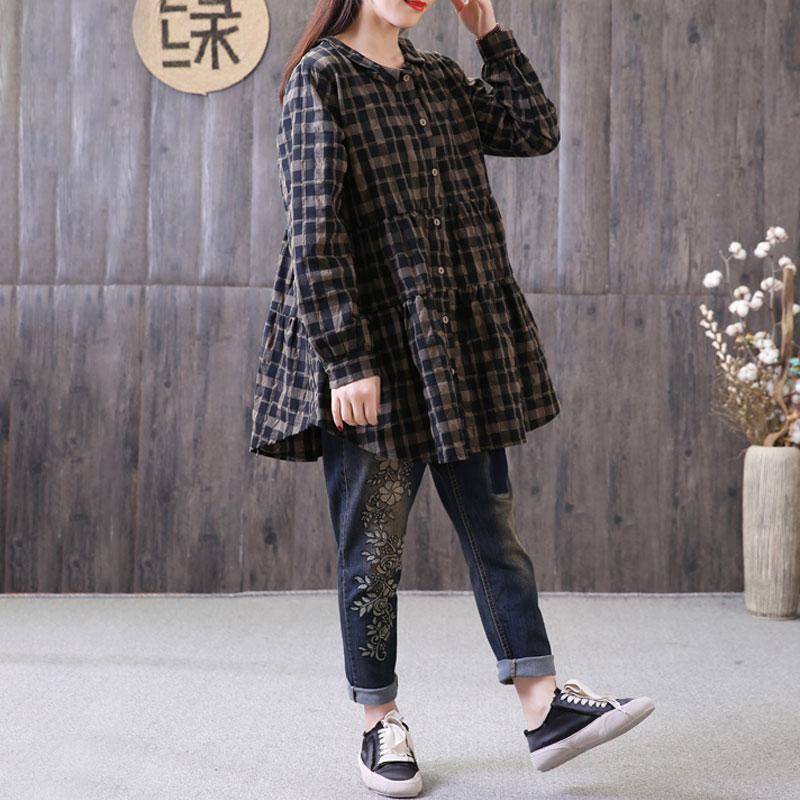 Natural Cotton Linen T Shirt Loose Polo Collar Plaid Shirt Single Breasted Black Top