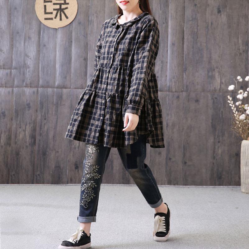 Natural Cotton Linen T Shirt Loose Polo Collar Plaid Shirt Single Breasted Black Top