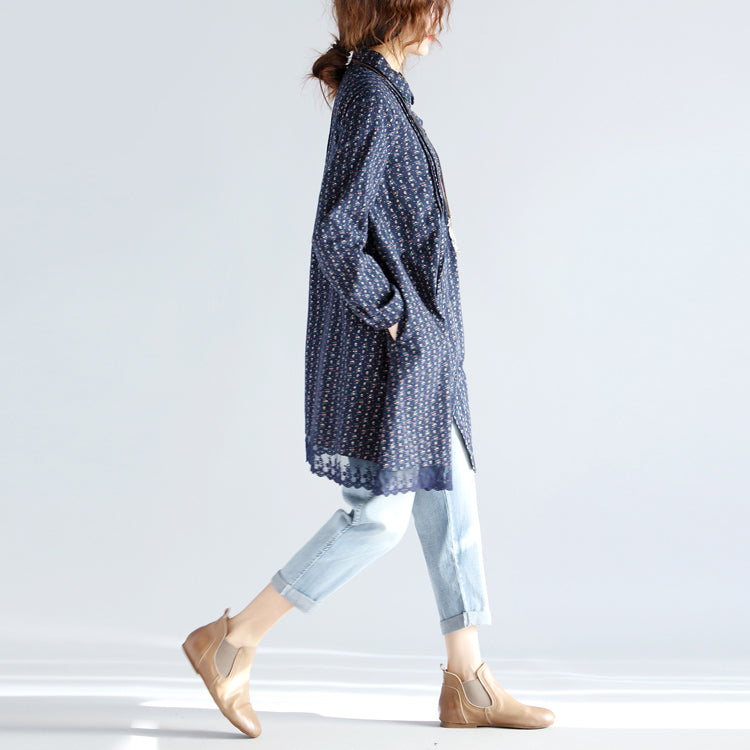 Navy Print Midi Cotton Pullover Oversize New Long Sleeve Cinched Turn-down Collar Lace Cotton Blouses