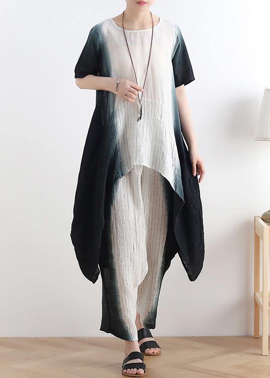 New Black O Neck Patchwork Tops +elastic Waist Wide Leg Pants Two Pieces