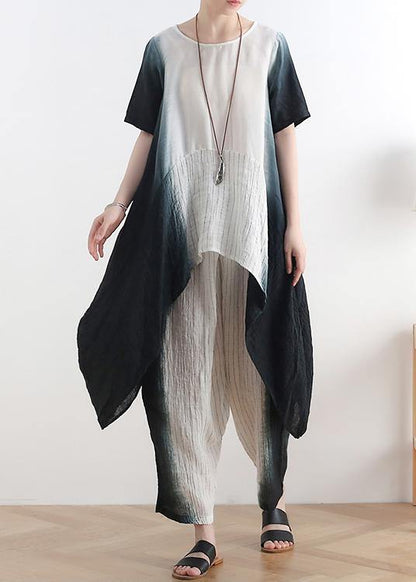 New Black O Neck Patchwork Tops +elastic Waist Wide Leg Pants Two Pieces