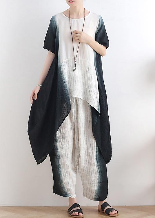 New Black O Neck Patchwork Tops +elastic Waist Wide Leg Pants Two Pieces