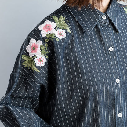 fashion outfit Refashion Turn-down Collar embroidery dark blue striped DIY cotton tops